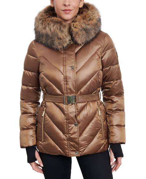 michael michael kors women's belted faux-fur-trim hooded puffer coat|michael kors hooded faux fur trim quilted belted puffer coat.